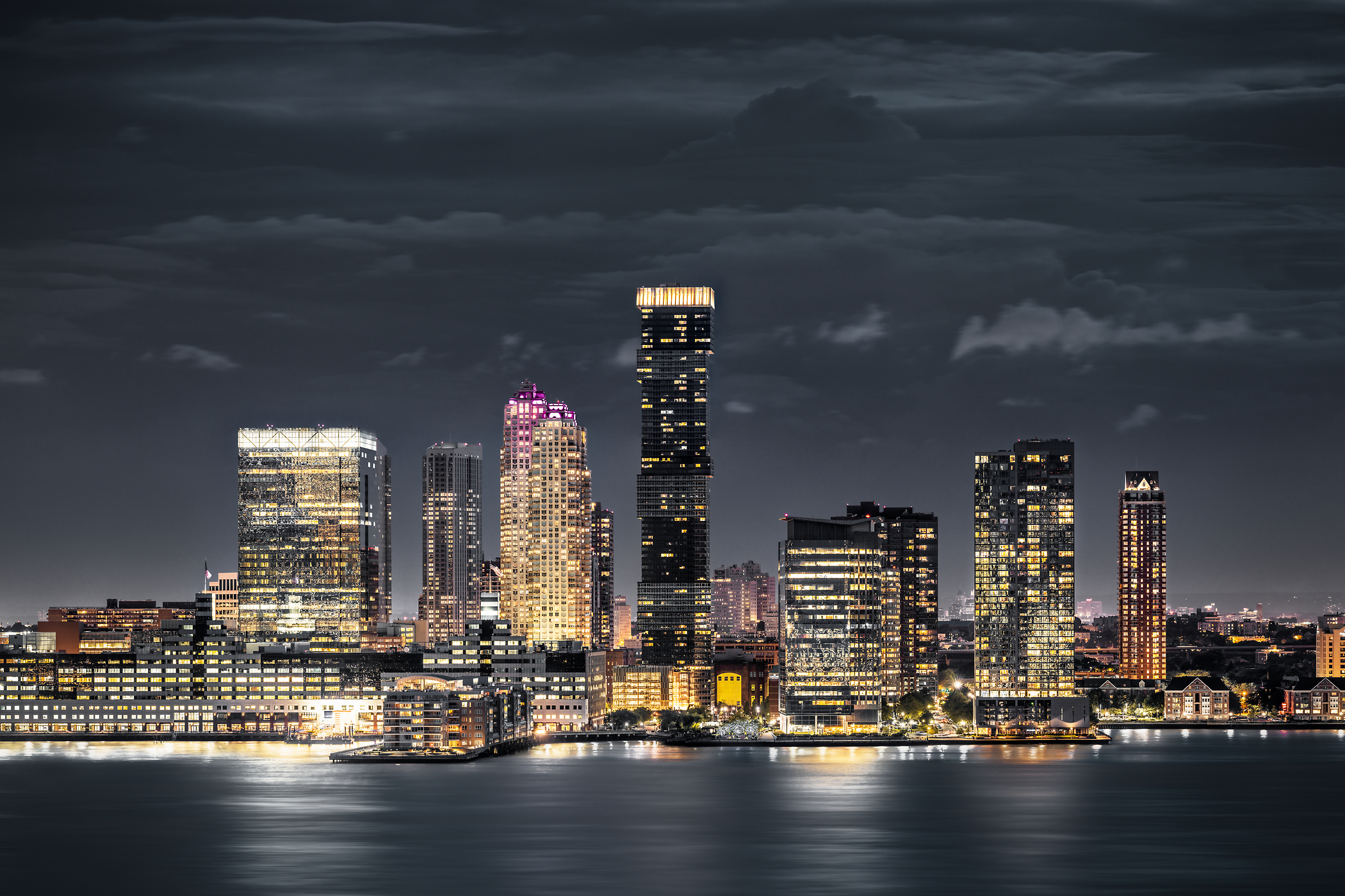 465 megapixels! A very high resolution, large-format photo of the Jersey City skyline at night; fine art cityscape photograph created by Dan Piech in Jersey City, New Jersey.