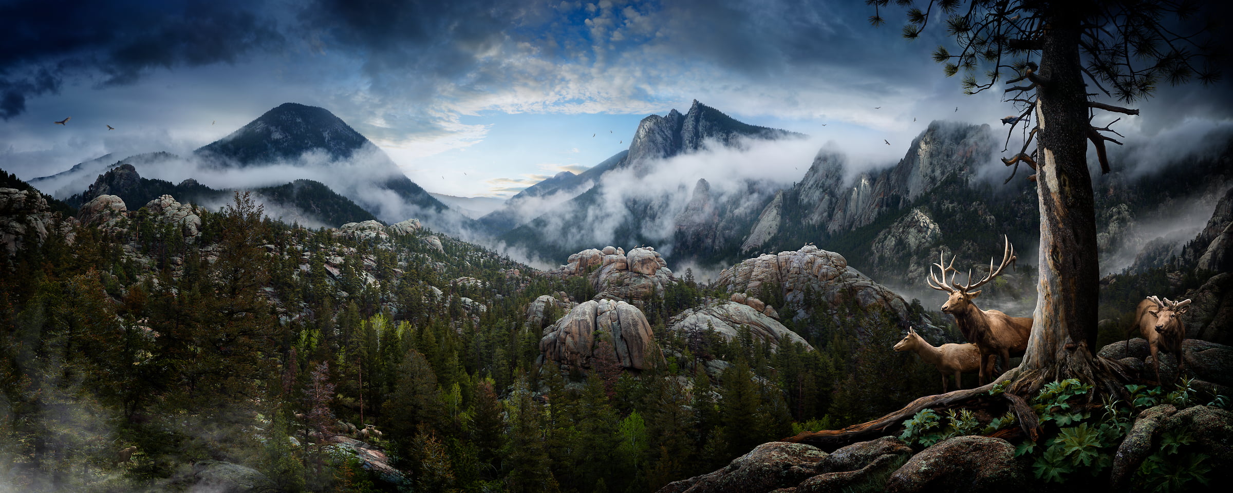 360 megapixels! A very high resolution, large-format landscape photo of an imaginary scene with mountains, deer, wildlife, birds, forests, and clouds; artwork created by artist Nick Pedersen