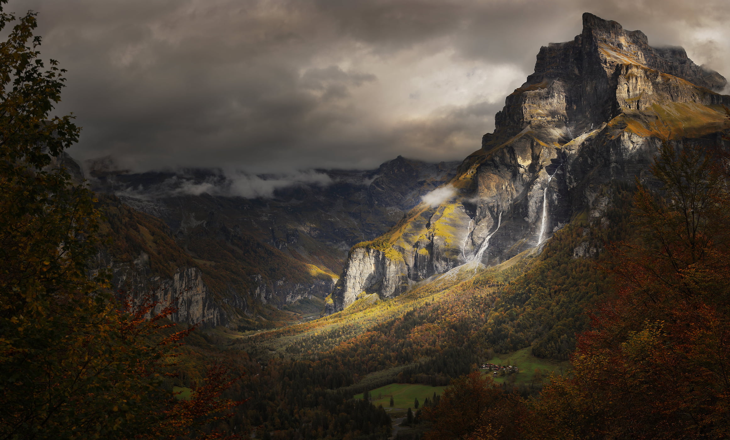 101 megapixels! A very high resolution, large-format VAST photo of a dark landscape with a mountain, waterfalls, and forests; fine art print created by Alexandre Deschaumes in Sixt fer à cheval, France.
