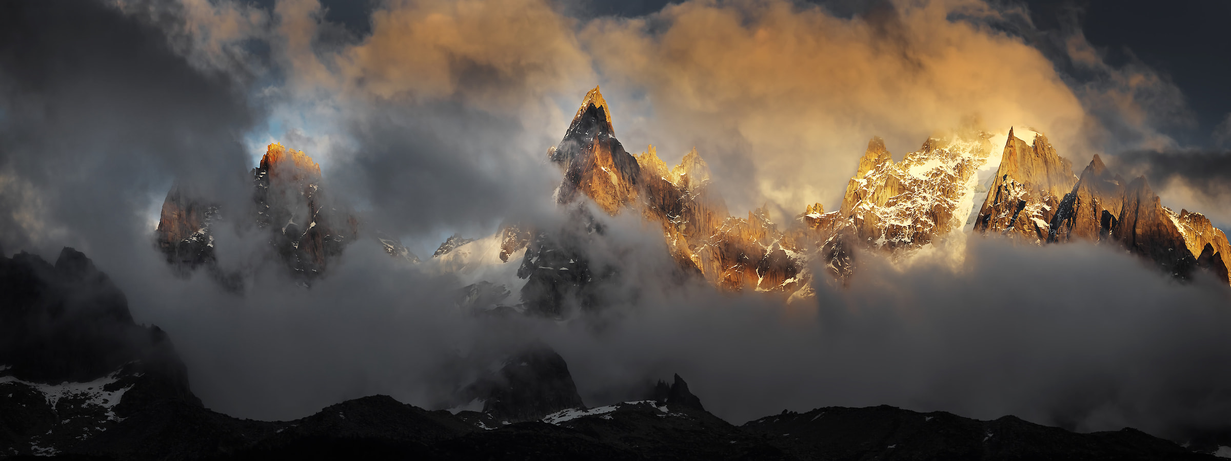 209 megapixels! A very high resolution, large-format VAST photo of stunning mountains at sunset with clouds and fog; fine art landscape print created by Alexandre Deschaumes in Chamonix, France