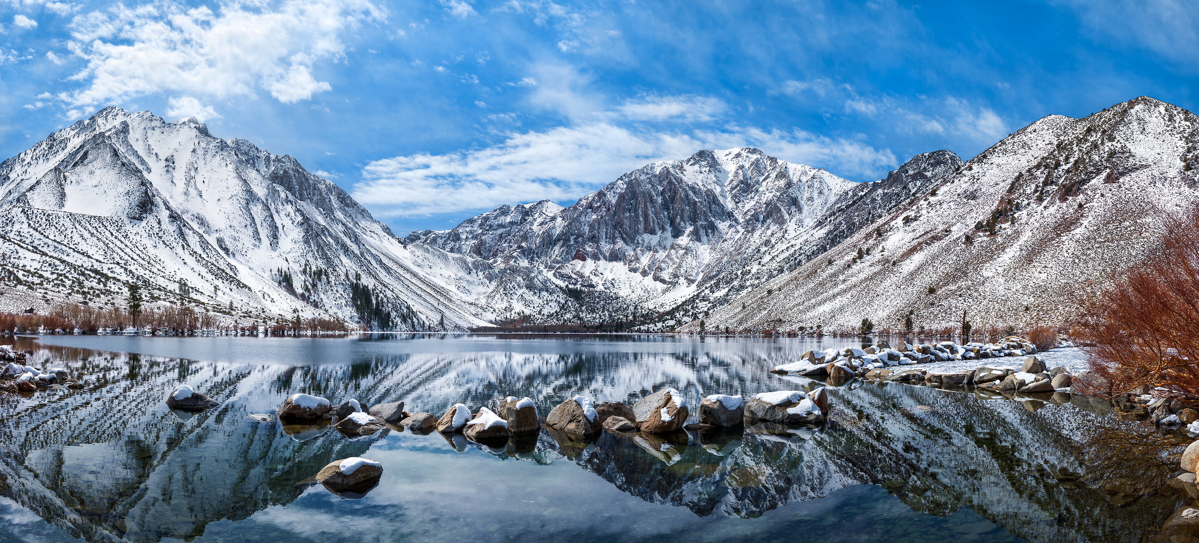 649 megapixels! A very high resolution, large-format VAST photo of mountains with snow and an alpine lake in winter; landscape photograph created by Jim Tarpo in Mono County, California