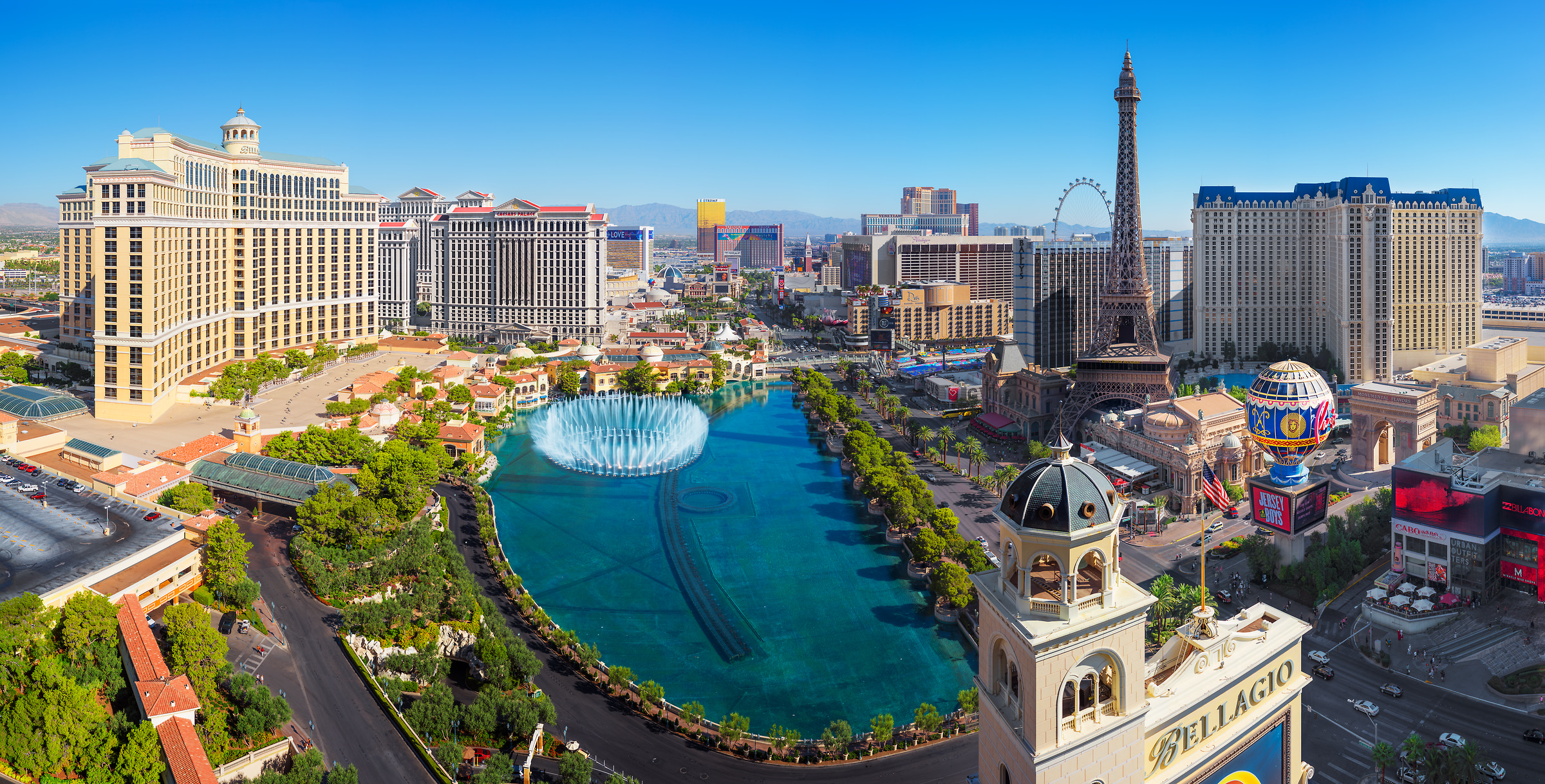 722 megapixels! A very high resolution, large-format VAST photo of the Las Vegas Strip skyline at daytime with casinos including Bellagio, Pairs; Ceasars Palace, The Venetian; cityscape photograph created by Jim Tarpo in Las Vegas, Nevada