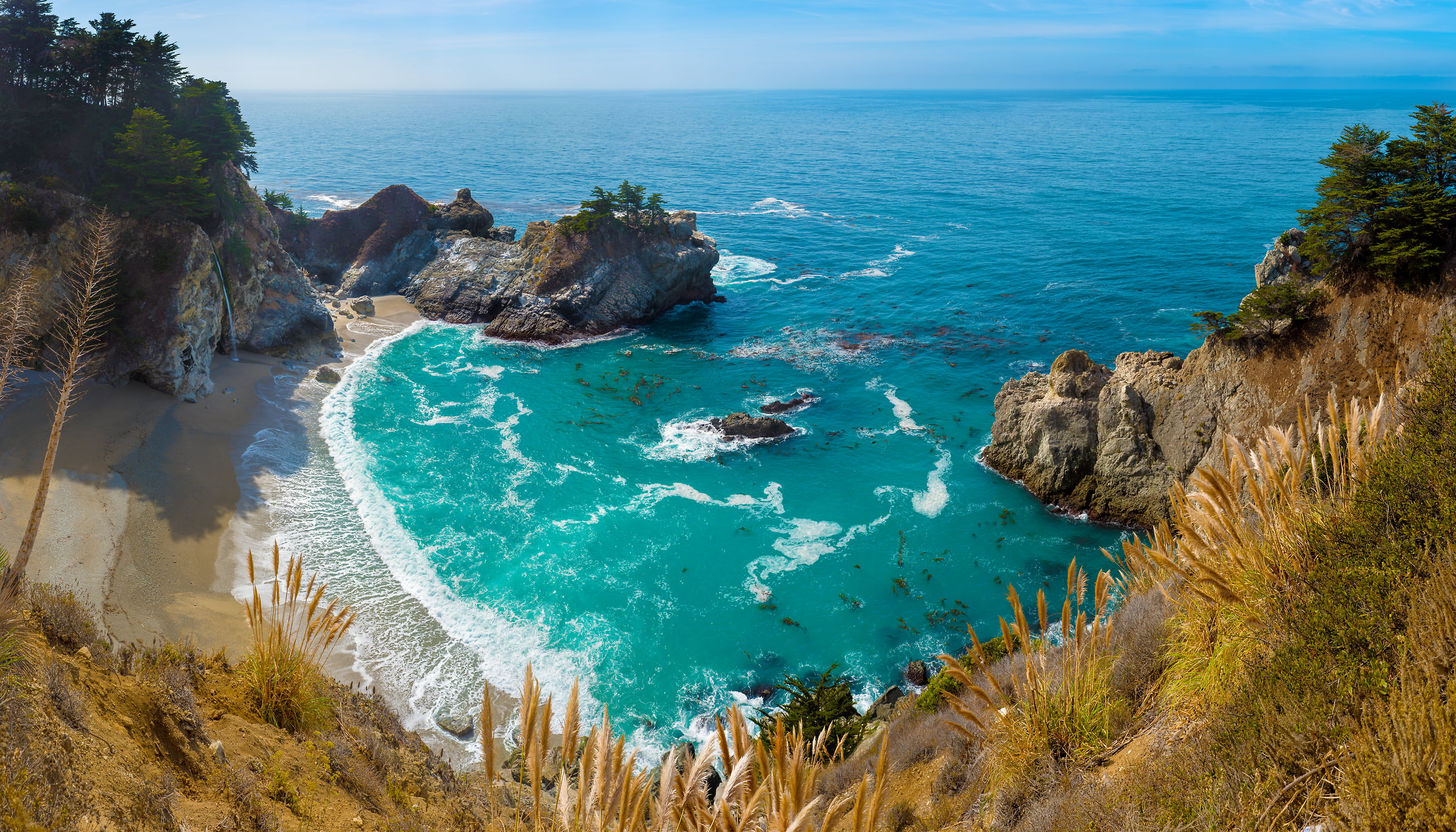 404 megapixels! A very high resolution, large-format VAST photo of a beach, waterfall, and the ocean; fine art photograph created by Jim Tarpo in Big Sur, California.