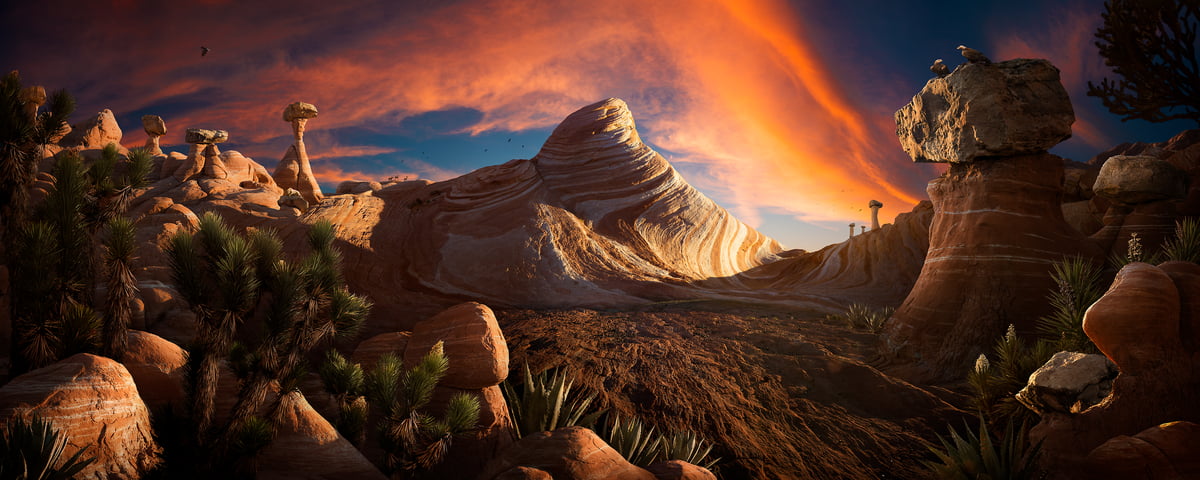 360 megapixels! A very high resolution, large-format landscape photo of an surreal imaginary scene from the American West, with rocks, rams, wildlife, birds, eagles, and a sunrise; artwork created by artist Nick Pedersen.