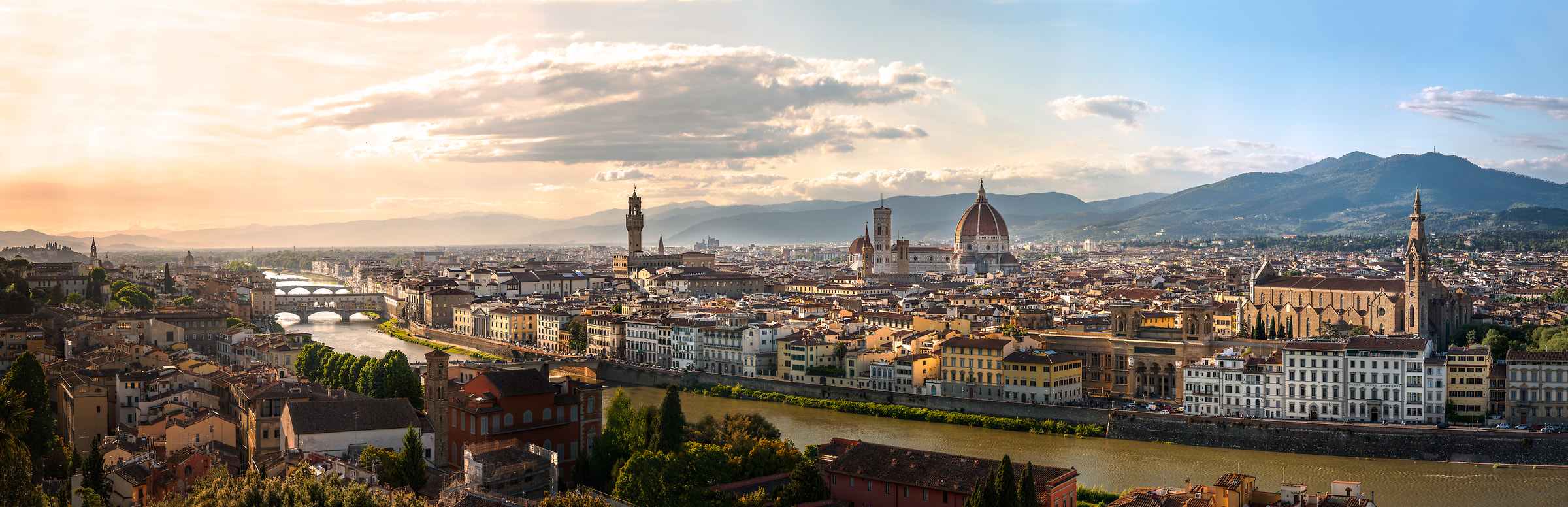 917 megapixels! A very high resolution, large-format VAST photo print of Florence, Italy at Sunset with the Cathedral of Santa Maria del Fiore, The Palazzo Vecchio, and the Arno river; fine art cityscape landscape photograph created by Justin Katz in Florence, Tuscany, Italy