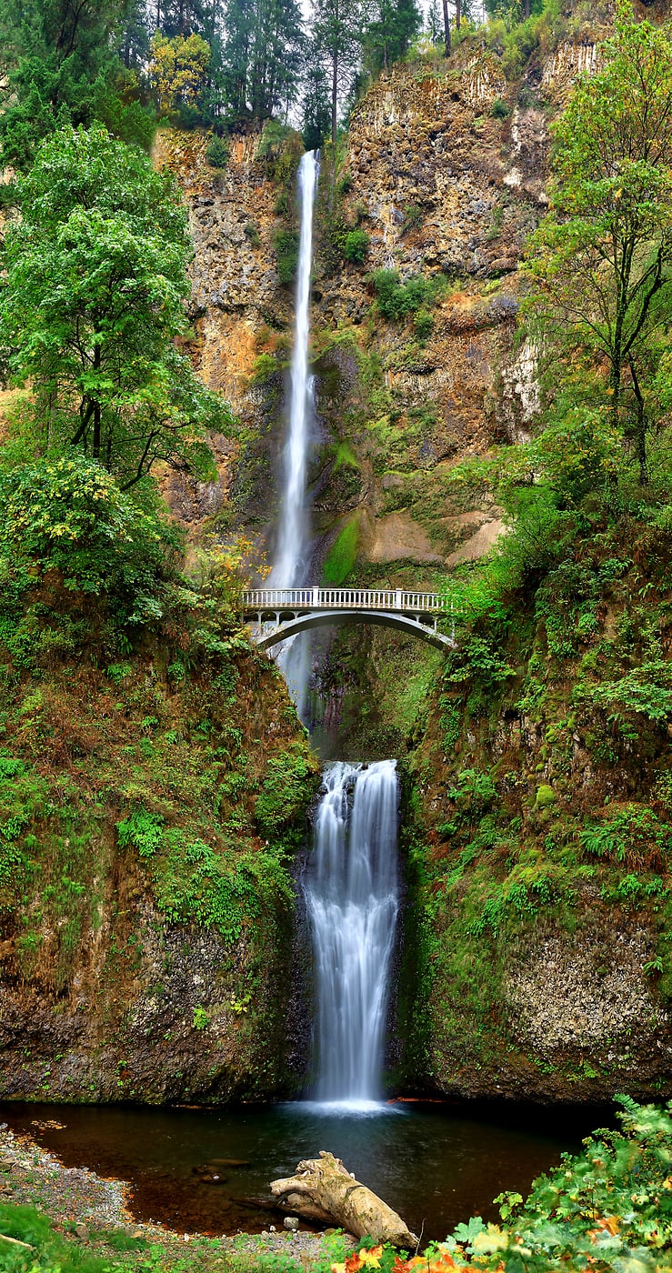 210 megapixels! A very high resolution nature photo of a waterfall with a bridge over it in a forest; VAST photo created by Phil Crawshay in Multnomah Falls, Portland, Oregon