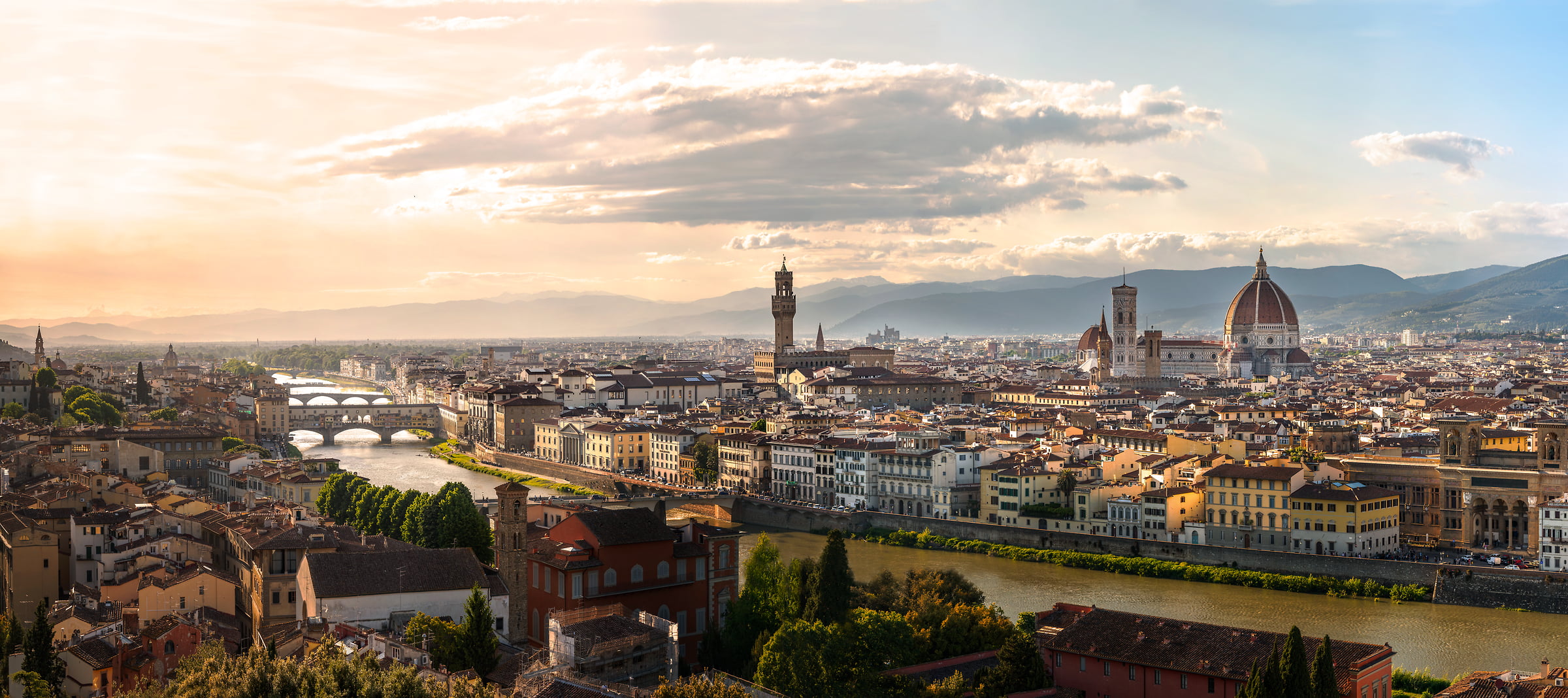 666 megapixels! A very high resolution, large-format VAST photo print of Florence, Italy at Sunset with the Cathedral of Santa Maria del Fiore, The Palazzo Vecchio, and the Arno river; fine art cityscape landscape photograph created by Justin Katz in Florence, Tuscany, Italy