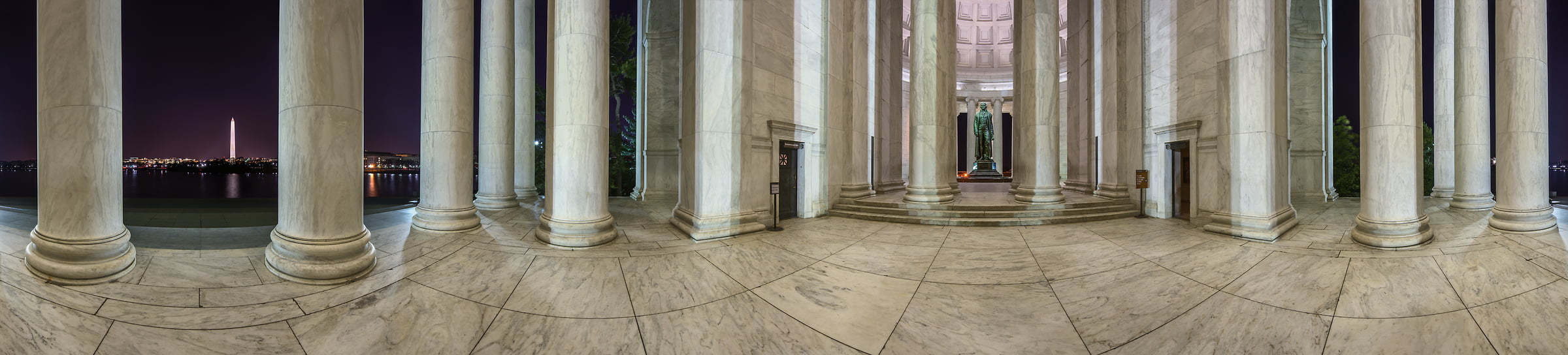 226 megapixels! A very high resolution, 360-degree VAST photo of the Jefferson Memorial at night; panorama photograph created by Tim Lo Monaco in Washington, D.C, USA.