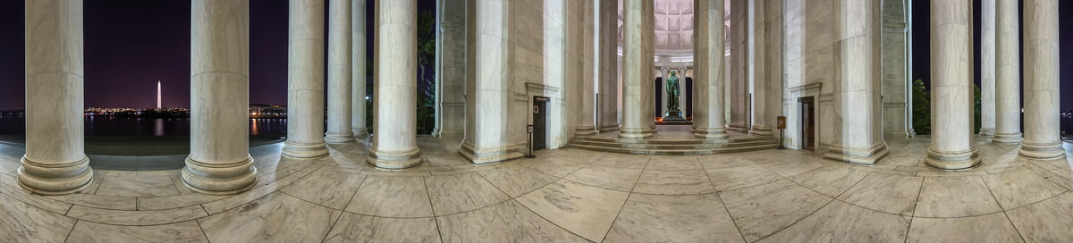226 megapixels! A very high resolution, 360-degree VAST photo of the Jefferson Memorial at night; panorama photograph created by Tim Lo Monaco in Washington, D.C, USA.