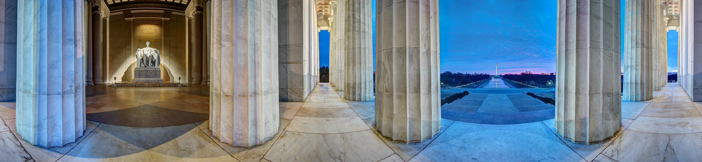 220 megapixels! A very high resolution, 360-degree VAST photo of the Lincoln Memorial and the National Mall at twilight; panorama photograph created by Tim Lo Monaco in Washington, D.C.