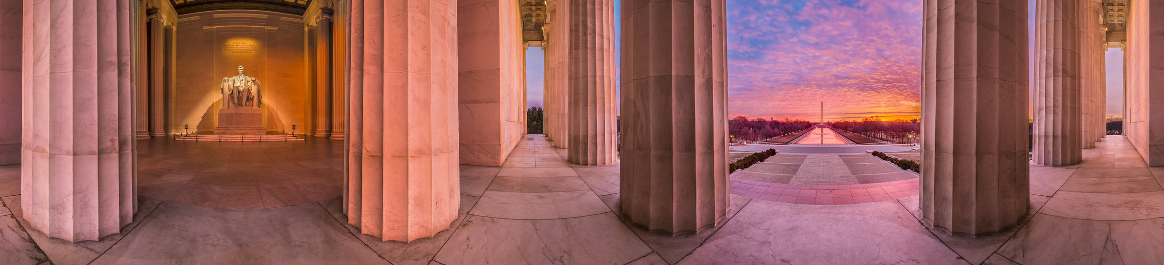 214 megapixels! A very high resolution, large-format VAST photo of the Lincoln Memorial and the National Mall at sunrise; 360-degree panorama photograph created by Tim Lo Monaco in Washington, D.C.
