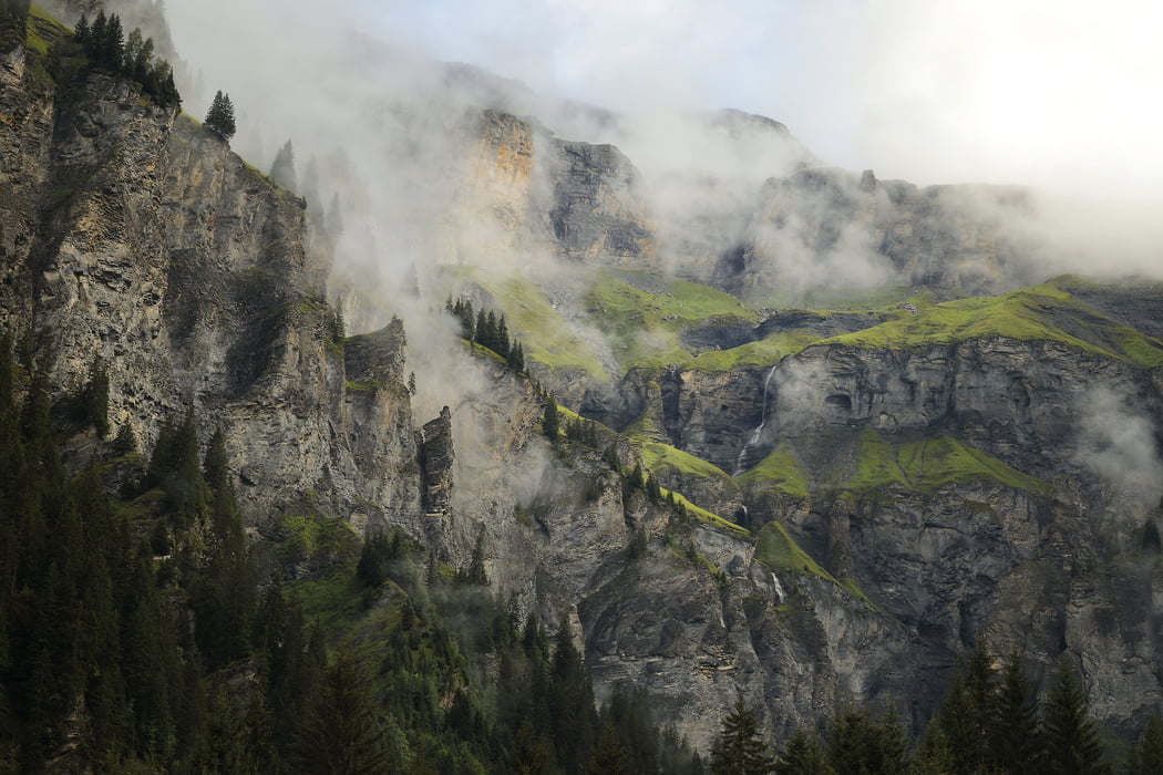 182 megapixels! A very high resolution, large-format VAST photo print of misty cliffs and mountains with evergreen trees; photograph created by Alexandre Deschaumes in Cirque des Fonts, Sixt fer à cheval , France.