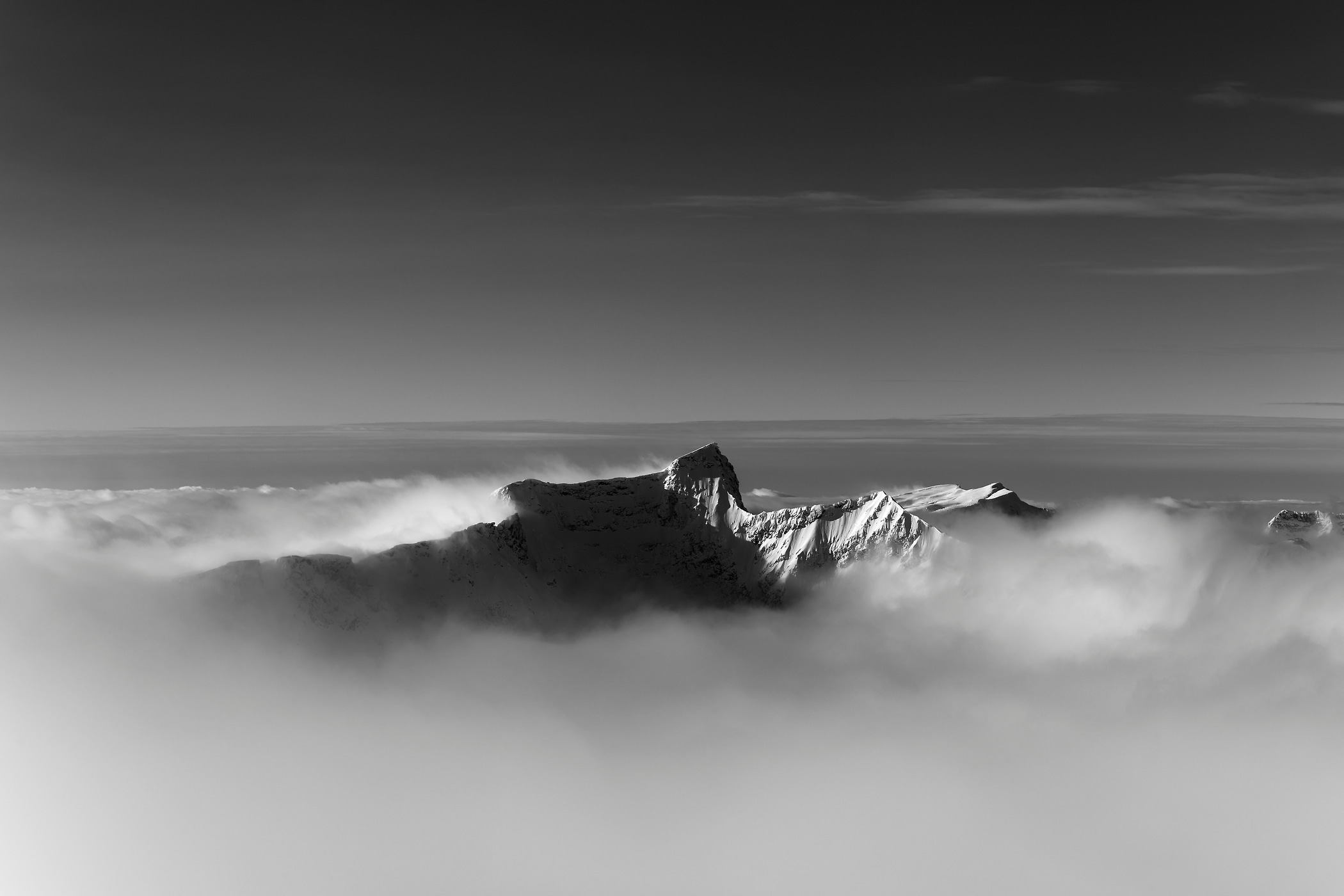 152 megapixels! A very high resolution, large-format VAST photo print of a mountain amid clouds; black & white landscape photograph created by Scott Rinckenberger in Davis Peak, Columbia Mountains, British Columbia, Canada.