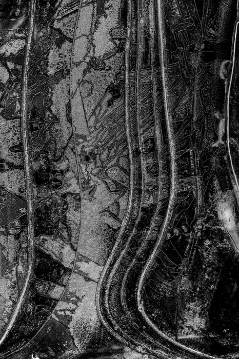 104 megapixels! A very high resolution, large-format VAST photo print of frozen ice on a creek; abstract, black & white nature photograph created by Scott Rinckenberger in Snoqualmie River, Fall City, Washington.