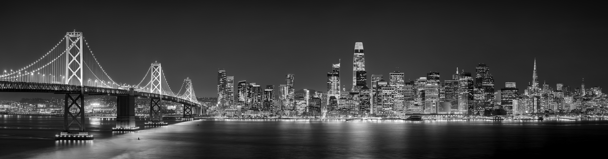 686 megapixels! A very high resolution, large-format VAST photo print of the San Francisco skyline and the Bay Bridge at night; fine art cityscape skyline photograph created by Jim Tarpo in Yerba Buena Island and Treasure Island, San Francisco, California.