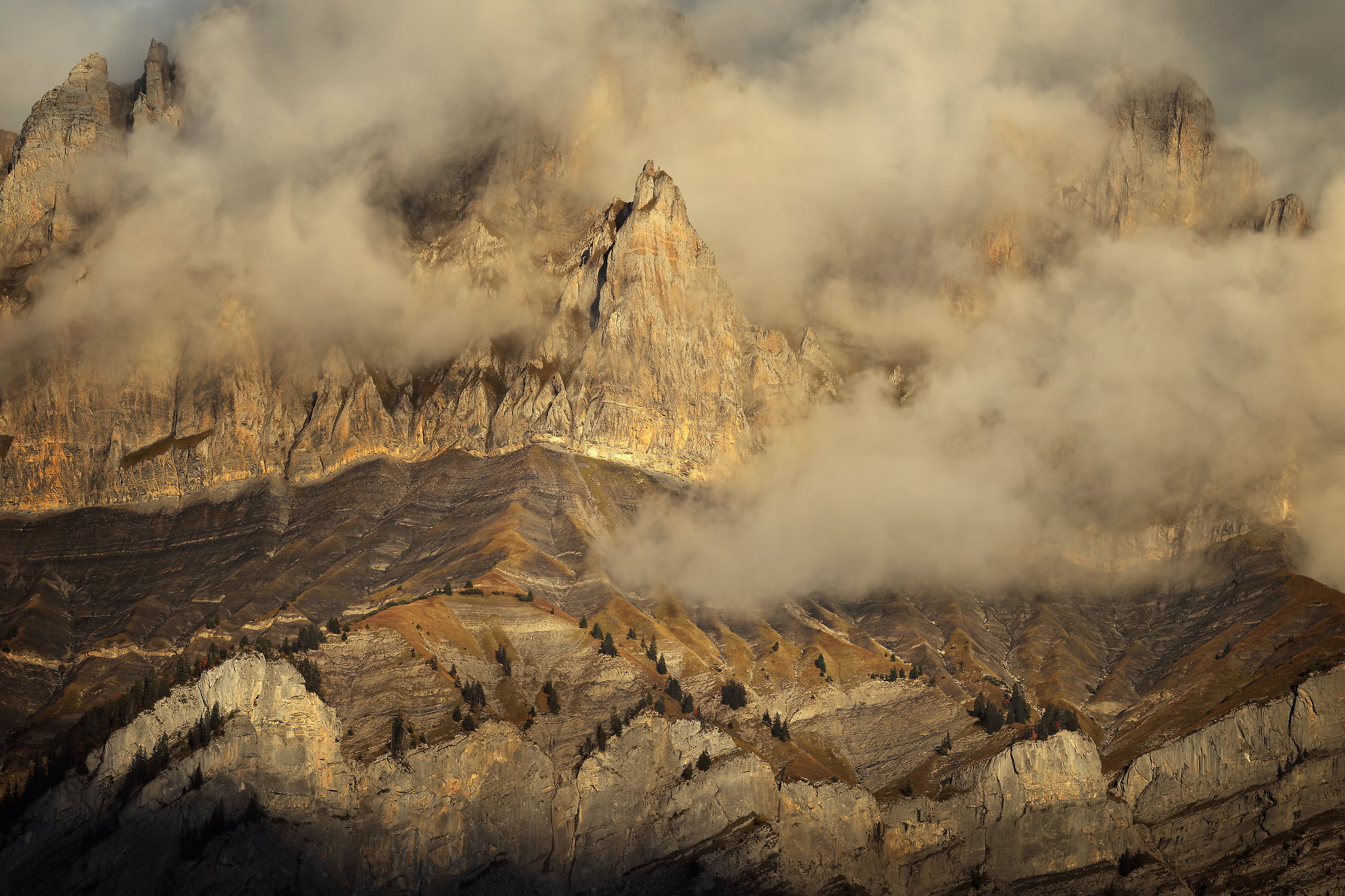 132 megapixels! A very high resolution, large-format VAST photo print of rocky cliffs on a mountain with clouds; landscape photograph created by Alexandre Deschaumes