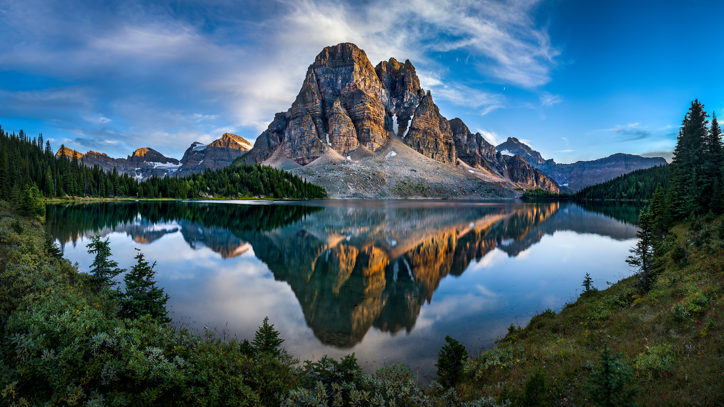 339 megapixels! A very high resolution, large-format VAST photo print of a lake with evergreen trees and a large mountain rockface in the foreground; wilderness landscape photograph created by Tim Shields in Sunburst Mountain, British Columbia, Canada