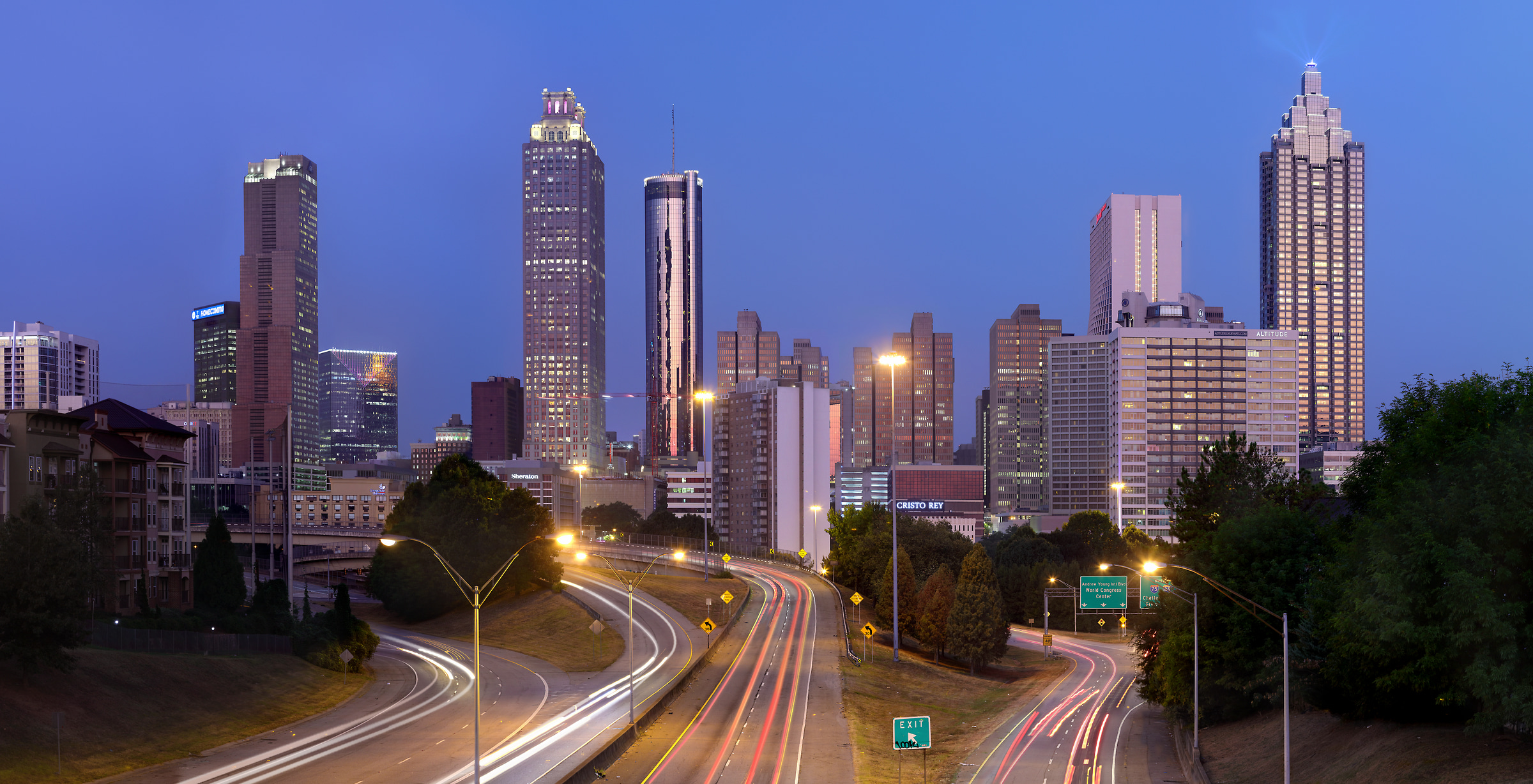 344 megapixels! A very high resolution, large-format VAST photo print of the Atlanta skyline at dusk with highways in the foreground; photograph created by Phil Crawshay in Jackson Street Bridge, Atlanta Georgia