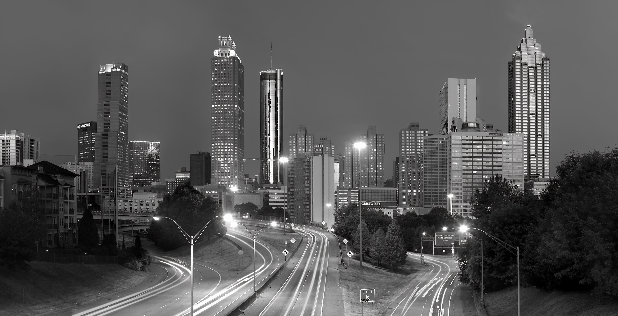 344 megapixels! A very high resolution, large-format VAST print of a black and white photo of Atlanta; photograph created by Phil Crawshay in Jackson Street Bridge, Atlanta Georgia.