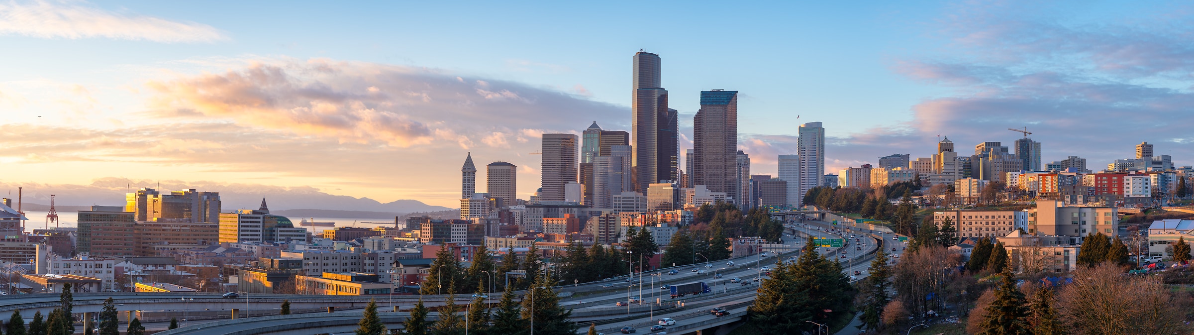 206 megapixels! A very high resolution, large-format VAST photo print of the Seattle, Washington skyline at sunset with highways in the foreground; cityscape photograph created by Greg Probst in Seattle, Washington