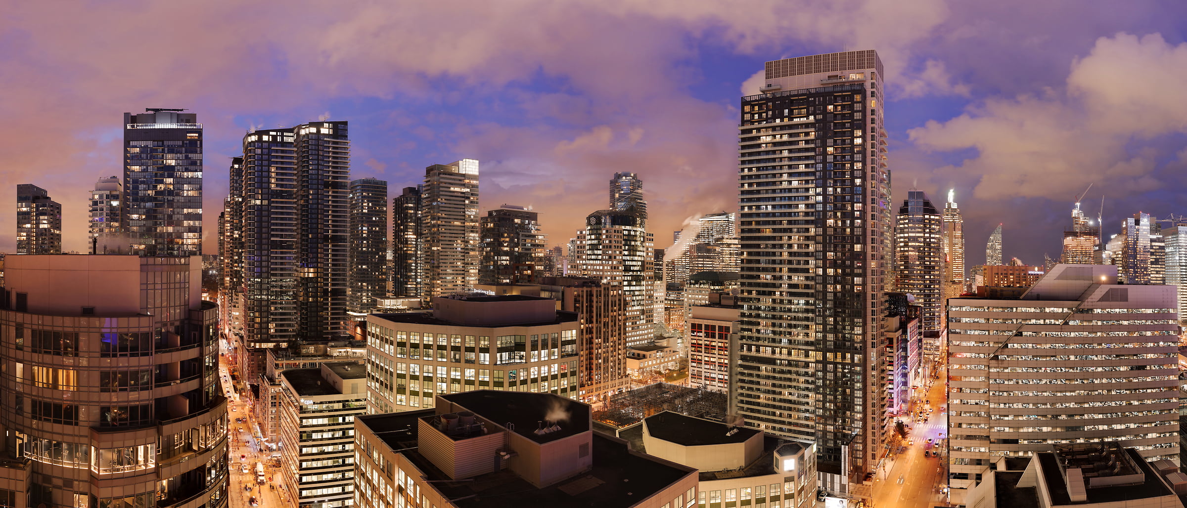 372 megapixels! A very high resolution, large-format VAST photo print of a city skyline taken from among the city buildings at night; cityscape photograph created by Phil Crawshay in Downtown Toronto, Ontario, Canada