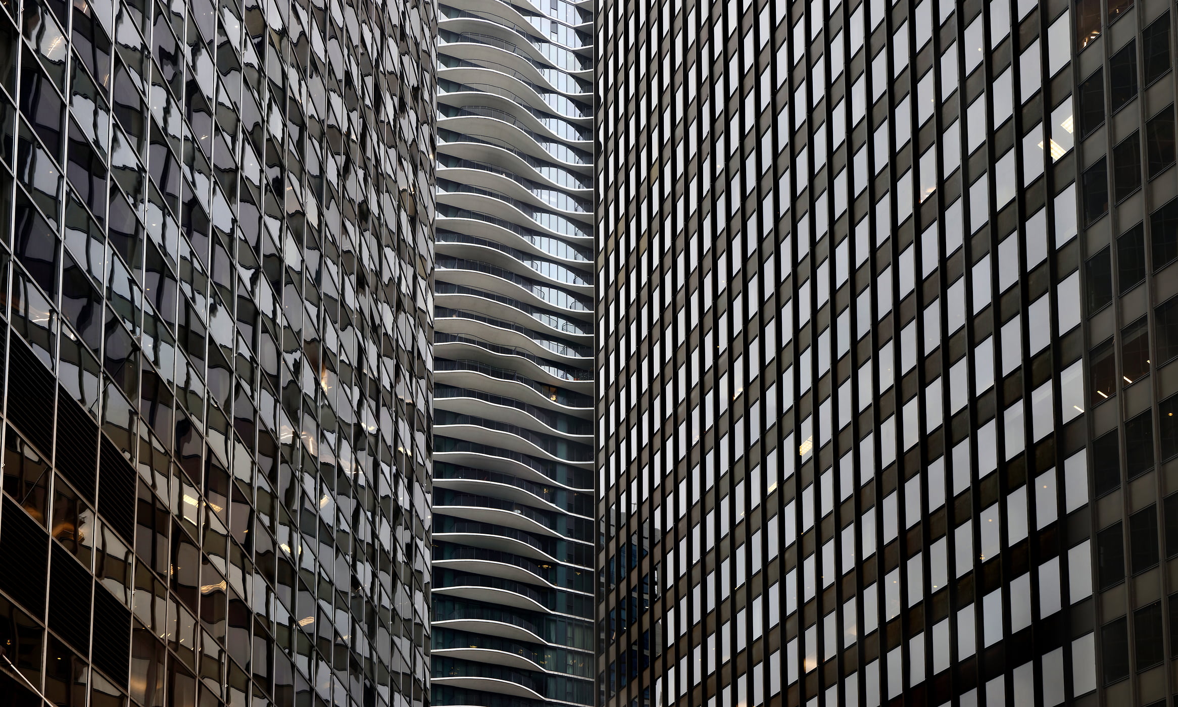 274 megapixels! A very high resolution, large-format VAST photo print of an urban pattern of repeating floors of buildings with balconies; photograph created by Phil Crawshay in Chicago, Illinois.