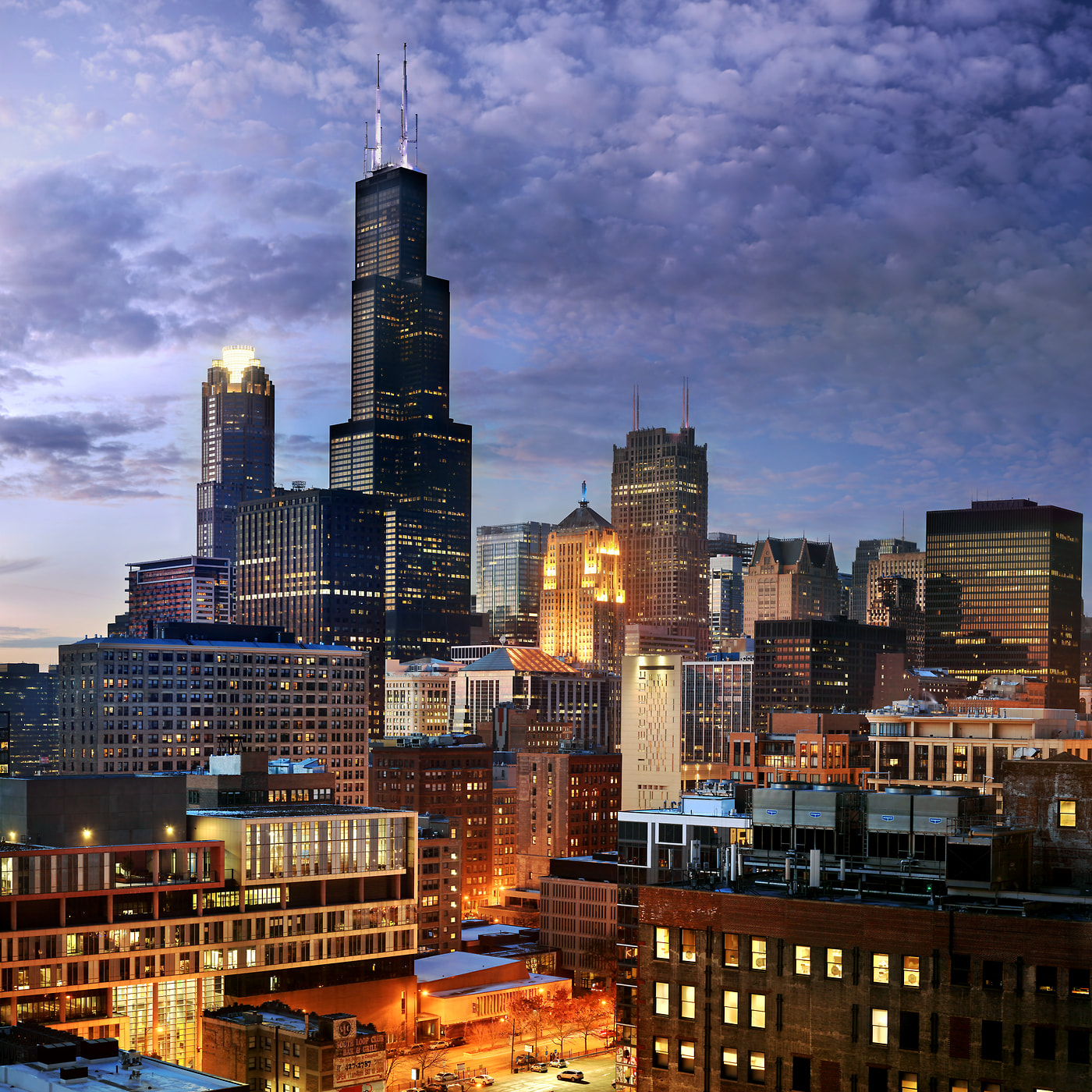 875 megapixels! A very high resolution, large-format VAST photo print of the Chicago skyline at sunset; cityscape photograph created by Phil Crawshay in Chicago, Illinois
