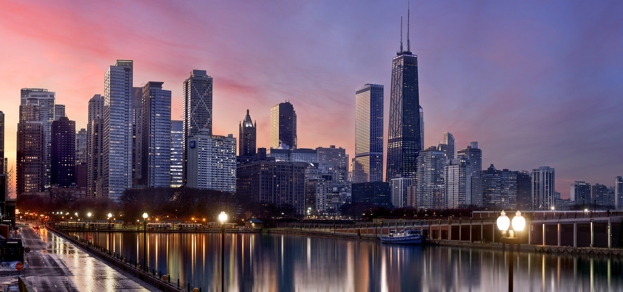 381 megapixels! A very high resolution, large-format VAST photo print of the Chicago skyline at sunset; cityscape photograph created by Phil Crawshay in Chicago, Illinois