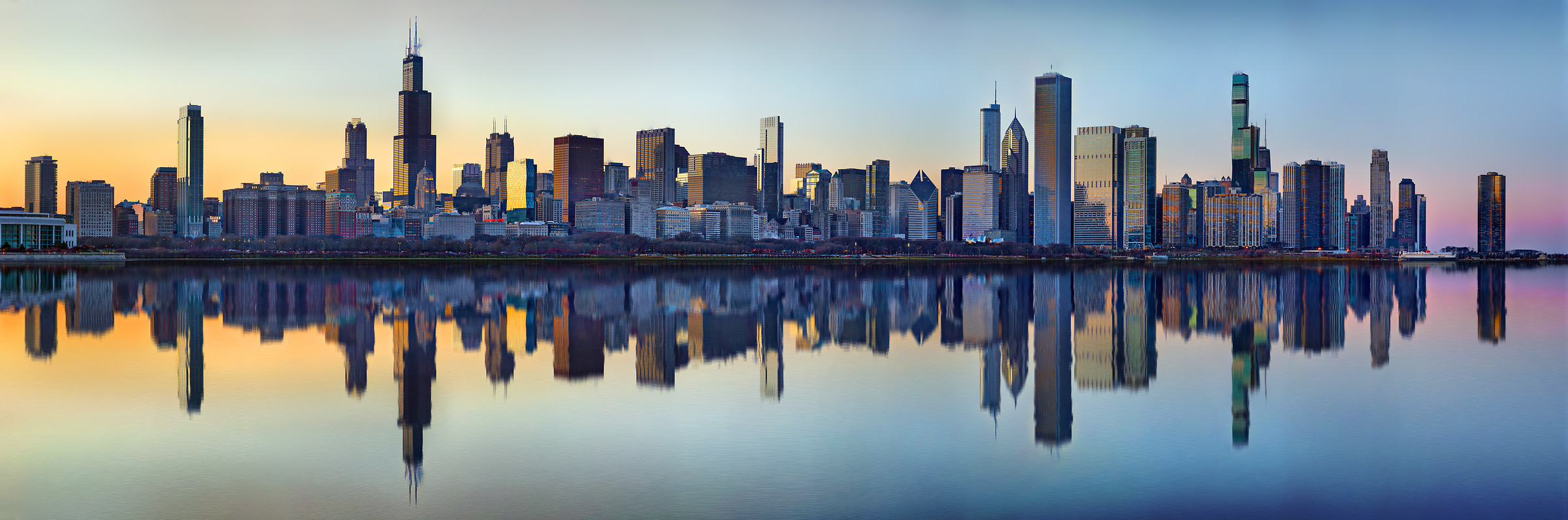 1,013 megapixels! A very high resolution, large-format VAST photo print of the Chicago skyline at sunset with Lake Michigan in the foreground; cityscape photograph created by Phil Crawshay in Chicago, Illinois