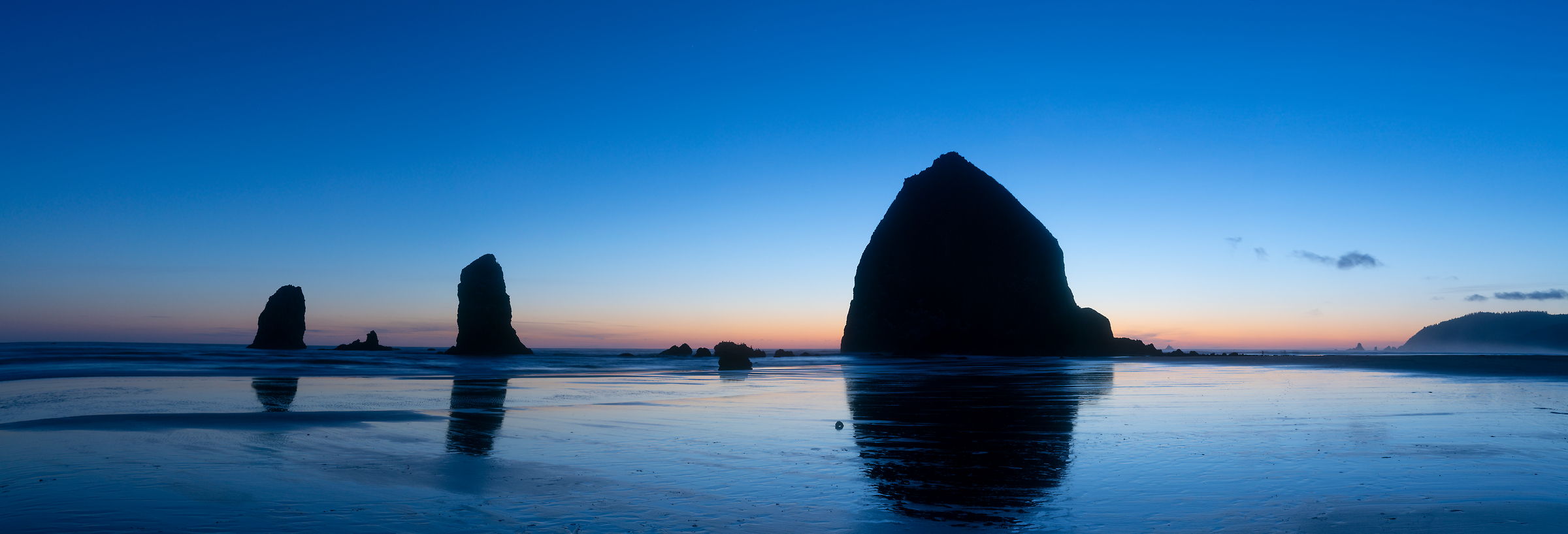 320 megapixels! A very high resolution, large-format VAST photo print of a coastline in the Pacific Northwest at twilight with large rock monoliths; photograph created by Greg Probst in Cannon Beach, Oregon, USA