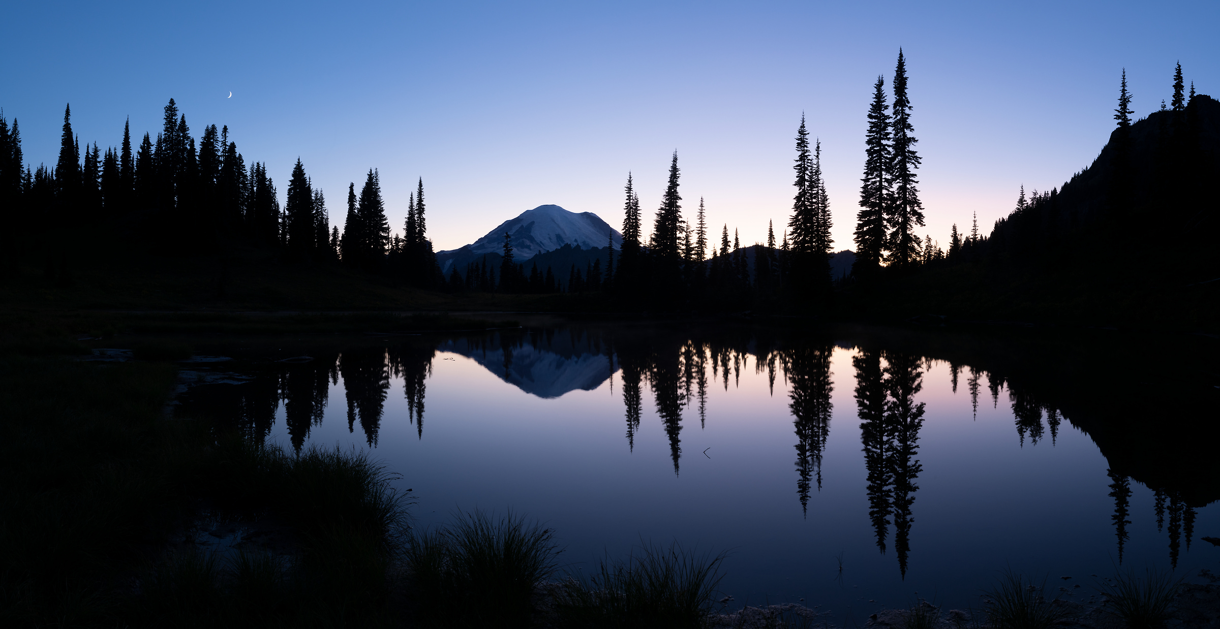 162 megapixels! A very high resolution, large-format VAST photo print of a lake at twilight with evergreen trees and Mt. Rainier being reflected; photograph created by Greg Probst in Mt. Rainier National Park, Washington.