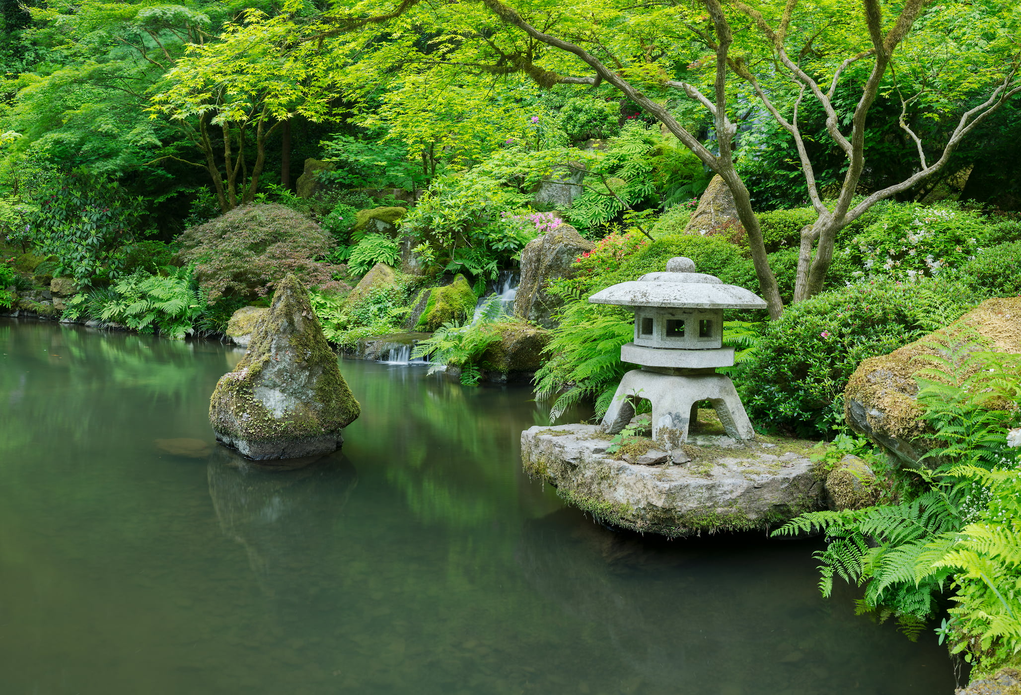 400 megapixels! A very high resolution, large-format VAST photo print of a Japanese garden with a pond and t?r? stone lantern; photograph created by Greg Probst in Japanese Garden in Portland, Oregon