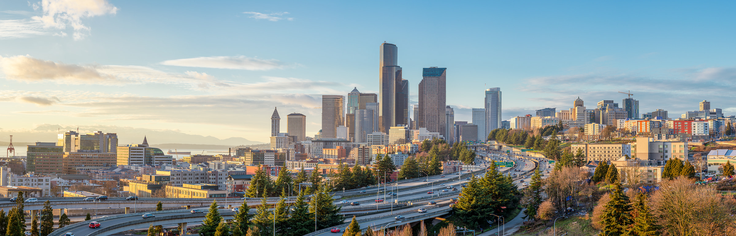 222 megapixels! A very high resolution, large-format, panorama photo print of the Seattle skyline during the day; photograph created by Greg Probst in Seattle, Washington