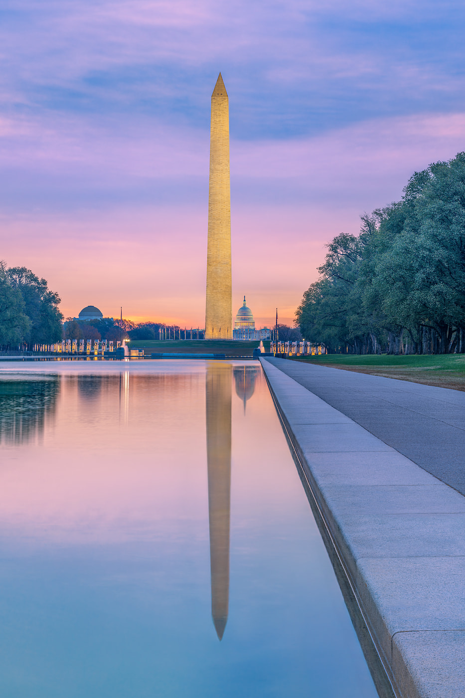 169 megapixels! A very high resolution, large-format VAST photo print of the Washington Monument and the Lincoln Memorial reflecting pool at sunrise; photograph created by Tim Lo Monaco in Lincoln Memorial Reflecting Pool, National Mall, Washington, D.C.