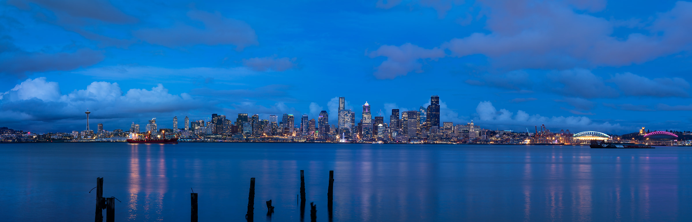 363 megapixels! A very high resolution, large-format VAST photo print of the Seattle skyline at twilight with the Puget sound in the foreground and the Space Needle in the background; photograph created by Greg Probst in Seattle, Washington.