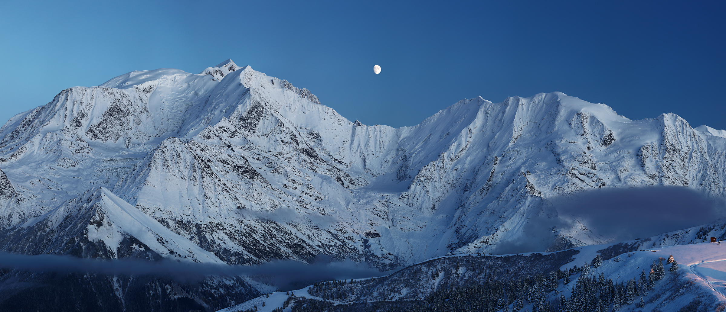 283 megapixels! A very high resolution, large-format VAST photo print of a mountain range at nighttime with the moon; landscape photograph created by Alexandre Deschaumes in Mont Blanc Massif, Saint-Gervais-les-Bains, France