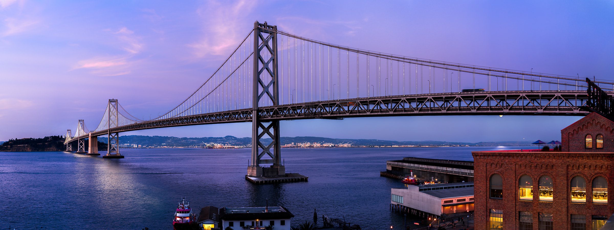 462 megapixels! A very high resolution, large-format VAST photo print of the San Francisco Bay Bridge at twilight; cityscape photograph created by Jim Tarpo in San Francisco, California.