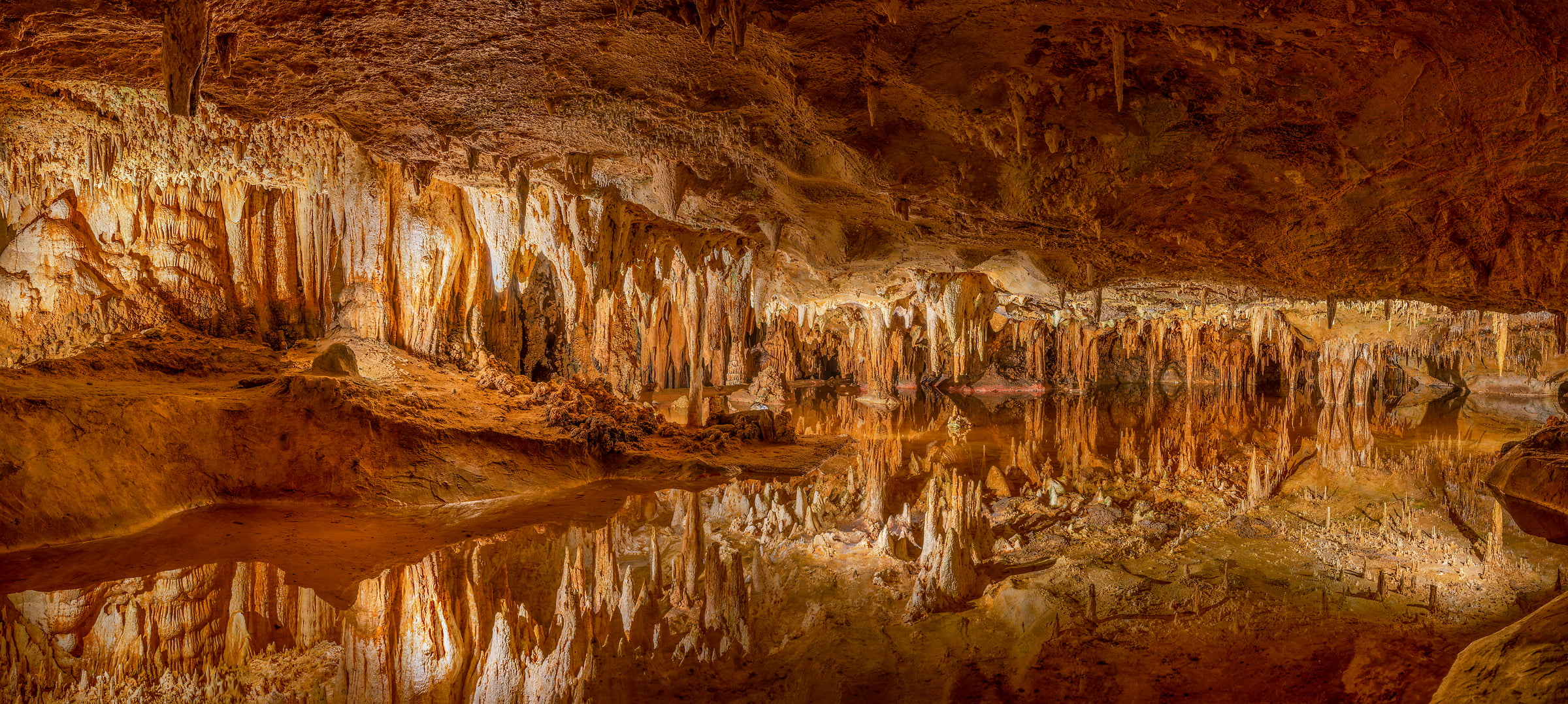744 megapixels! A very high resolution, large-format VAST photo print of a cave with an underground lake, stalagmites, and stalactites; panorama photograph created by Tim Lo Monaco in Dream Lake, Luray Caverns, Shenandoah Valley, Luray, Virginia
