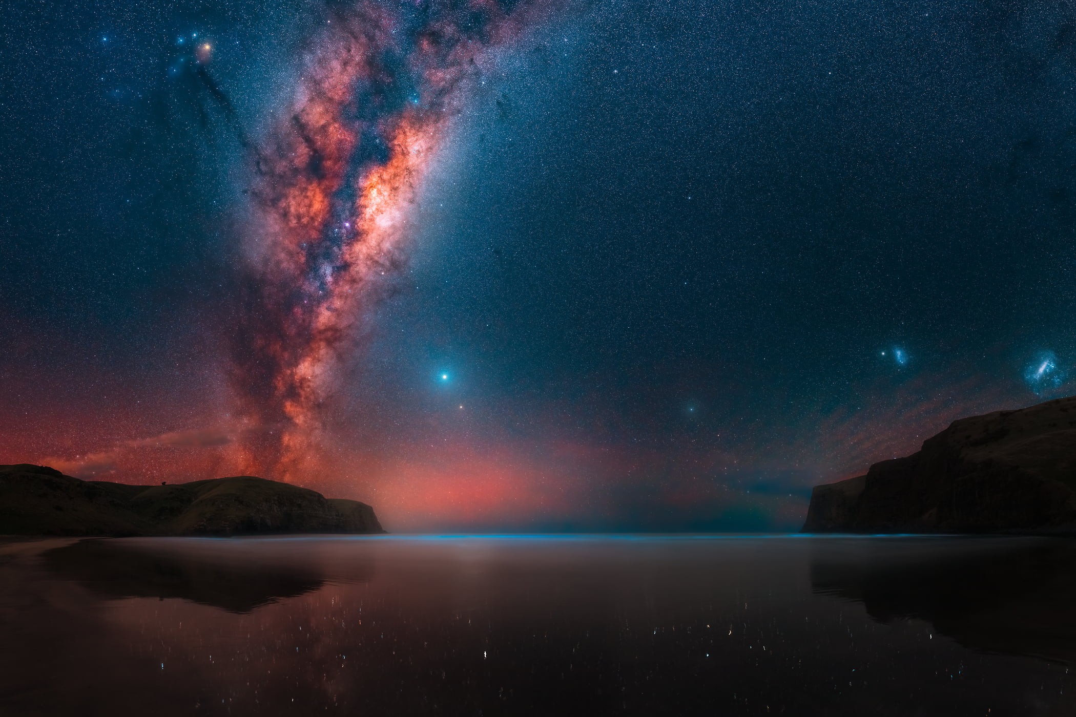 985 megapixels! A very high resolution, large-format VAST photo print of a beach at night with the Milky Way stars in the background; landscape astrophotograph created by Paul Wilson in Banks Peninsula, Canterbury, New Zealand.