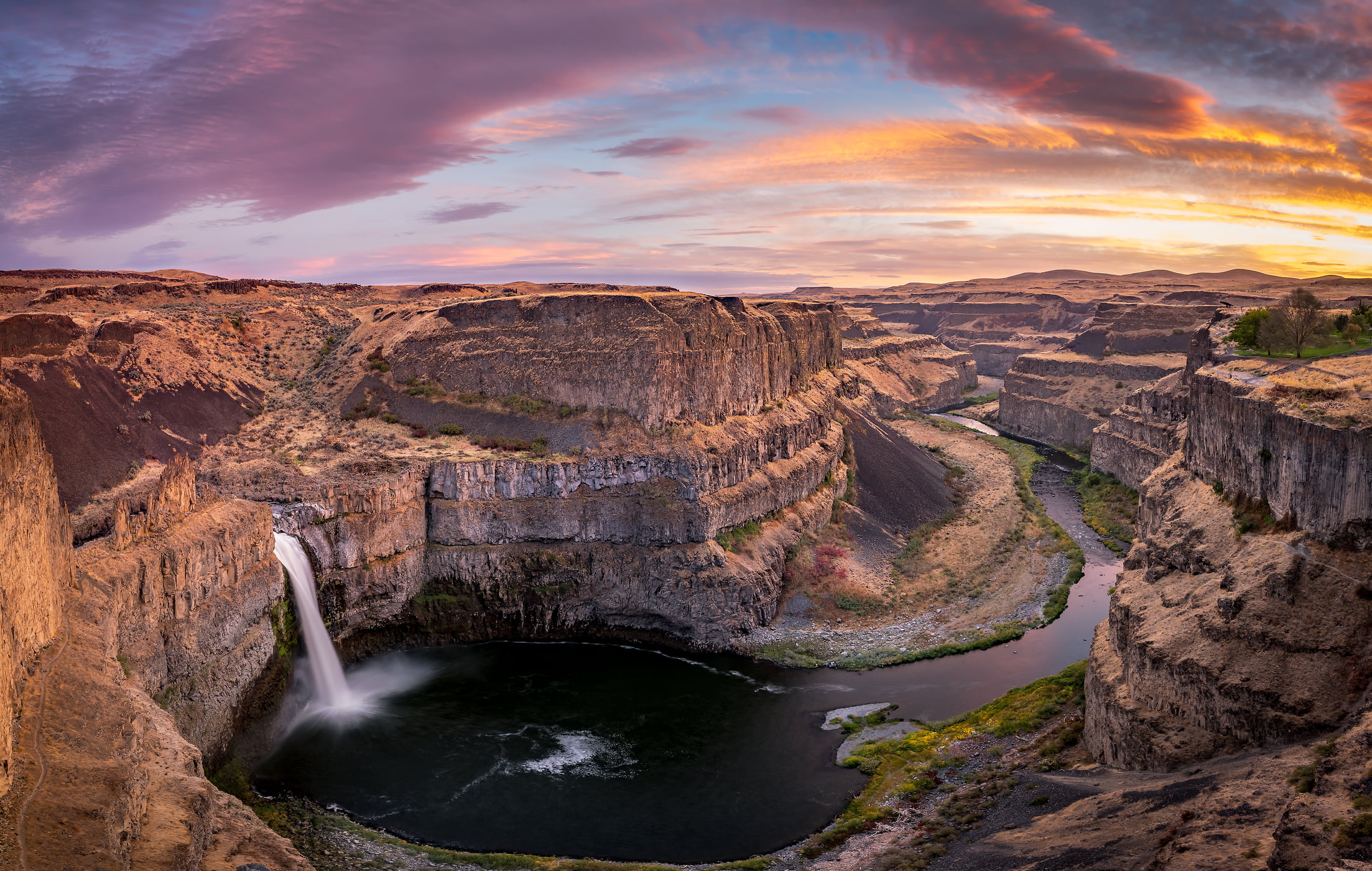 140 megapixels! A very high resolution, large-format VAST photo print of a canyon with a waterfall; landscape photograph created by Justin Katz in Palouse Falls, Washington.