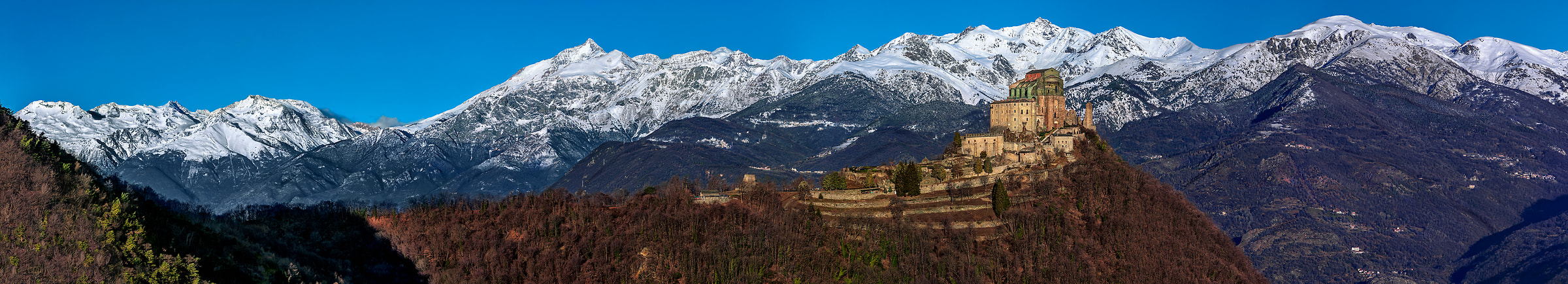 540 megapixels! A very high resolution, large-format VAST photo print of a church amid the mountains of the Alps; landscape panorama photograph created by Duilio Fiorille in Sant'Ambrogio di Torino, Piedmont, Italy.