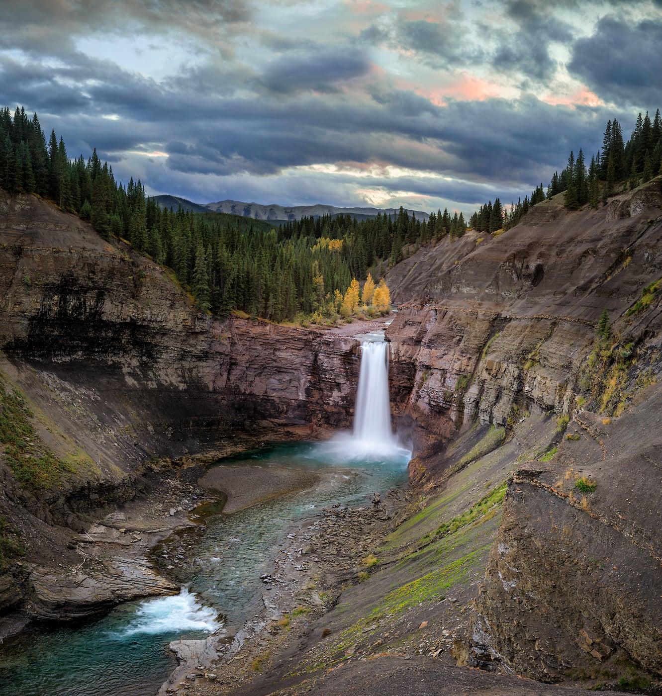 618 megapixels! A very high resolution, large-format VAST photo print of a waterfall in Ram Falls Provincial Park; landscape photograph created by Scott Dimond in Ram Falls Provincial Park, Alberta, Canada