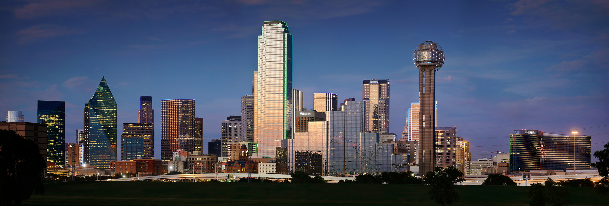 382 megapixels! A very high resolution, large-format VAST photo print of the Dallas, Texas skyline at dusk; panorama photograph created by Phil Crawshay in Dallas, Texas