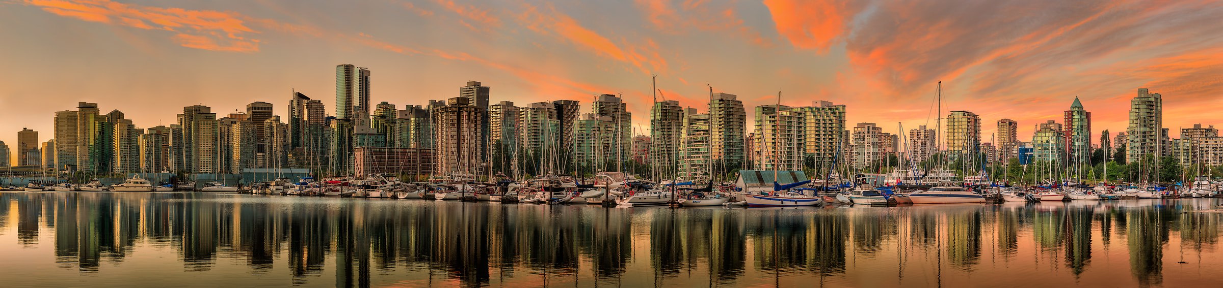 887 megapixels! A very high resolution, panorama VAST photo print of the Vancouver skyline at sunrise; photograph created by Scott Dimond in Coal Harbour, Vancouver, BC, Canada