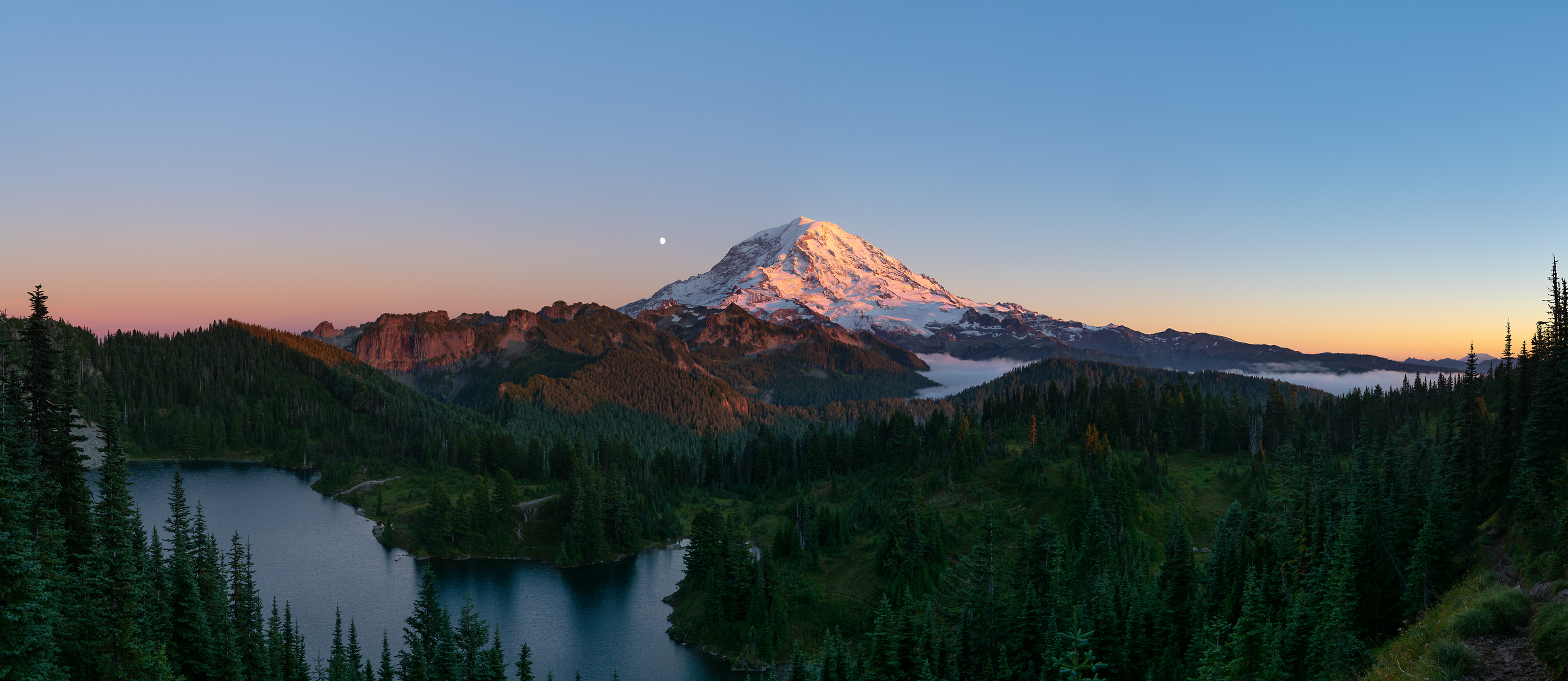 172 megapixels! A very high resolution, large-format VAST photo print of Mount Rainier and the moon at sunset; landscape photograph created by Greg Probst in Mount Rainier National Park, Washington