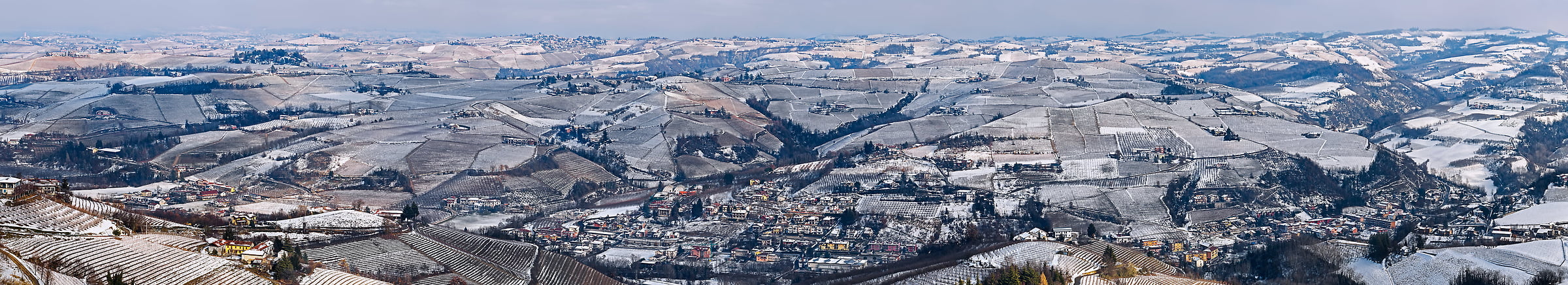 1,612 megapixels! A very high resolution, large-format VAST photo print of vineyards covered in snow; landscape photograph created by Duilio Fiorille in Langhe, Cuneo, Italy.