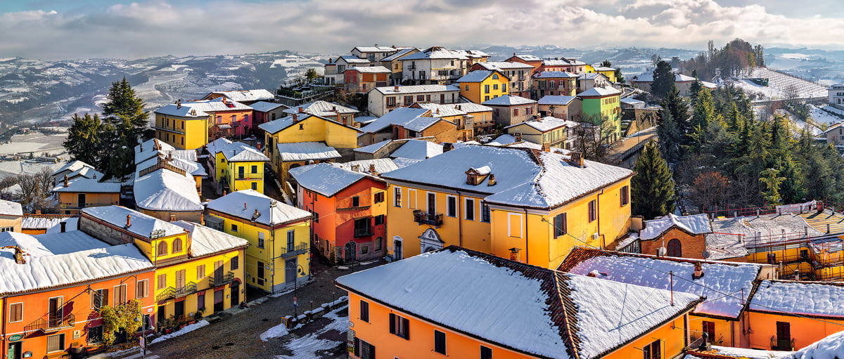 504 megapixels! A very high resolution, large-format VAST photo print of colorful houses in Italy in the snow; landscape photograph created by Duilio Fiorille in Diano D'Alba, Cuneo, Piedmont, Italy.