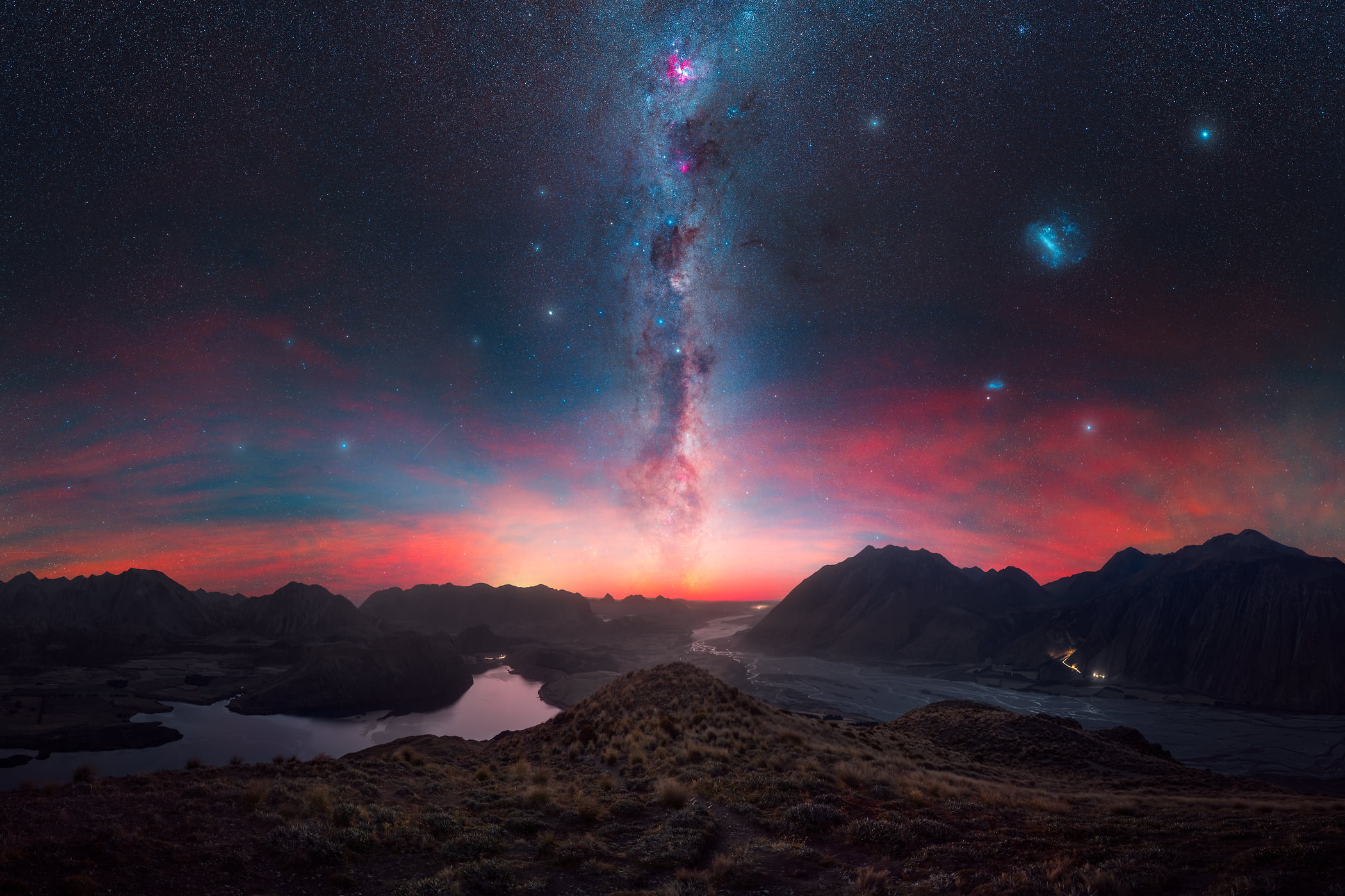 523 megapixels! A very high resolution, large-format VAST photo print of mountains and stars; landscape astrophotograph created by Paul Wilson in Peak Hill, Canterbury, New Zealand.