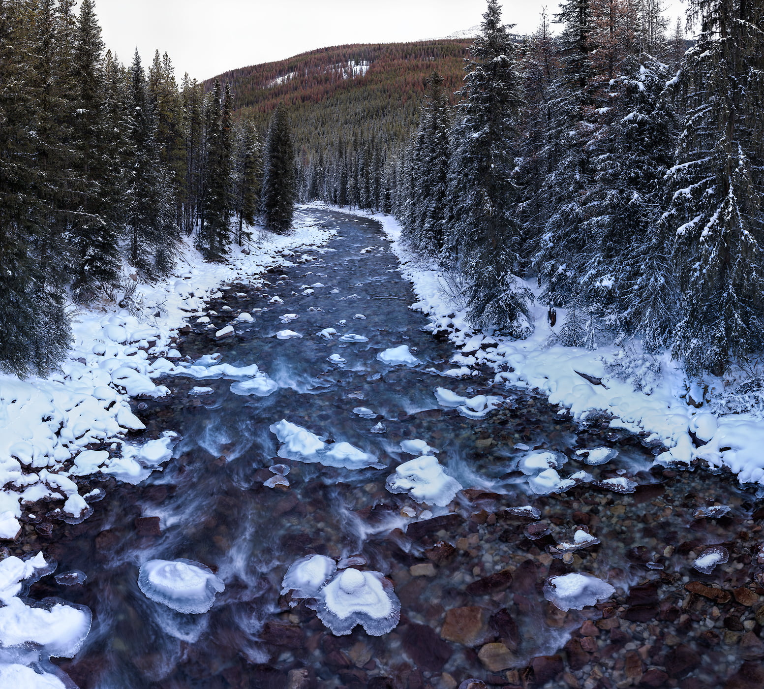 2,578 megapixels! A very high resolution, large-format VAST photo print of a river in winter with snow and evergreen trees; nature photograph created by Scott Dimond in Jasper National Park, Alberta, Canada