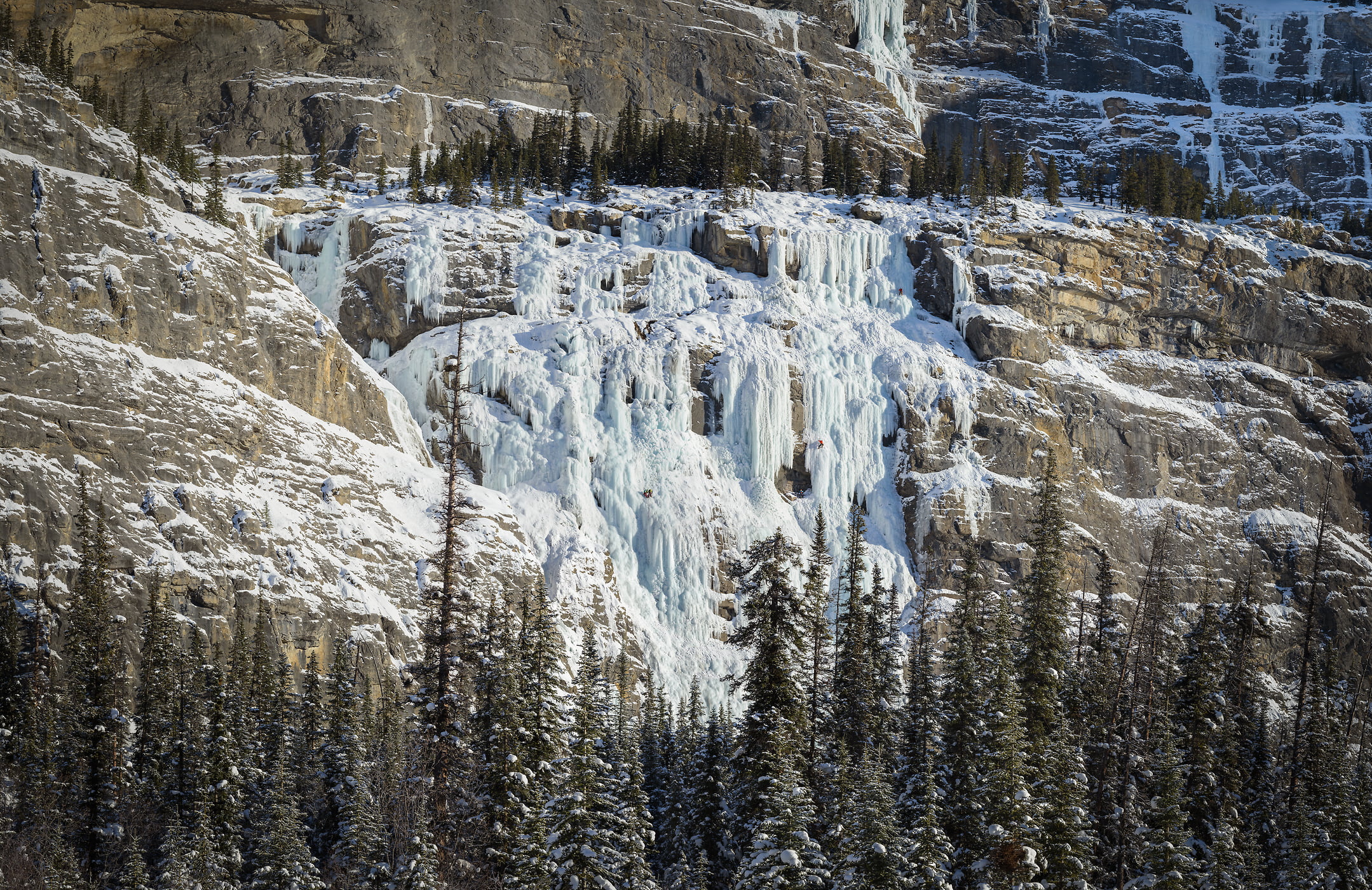 400 megapixels! A very high resolution, large-format VAST photo print of ice climbers on a rock wall; landscape photograph created by Scott Dimond on the Weeping Wall along the Icefields Parkway in Banff National Park, Alberta, Canada